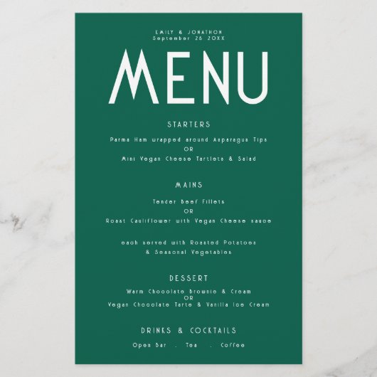 Budget Simple Text Emerald Wedding Menu (Vorderseite)