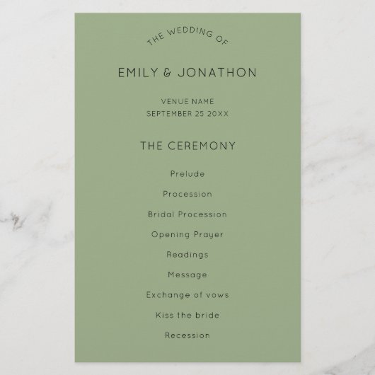 Budget Simple Text Sage Green Wedding Programm (Vorderseite)