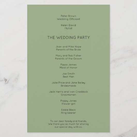 Budget Simple Text Sage Green Wedding Programm (Rückseite)
