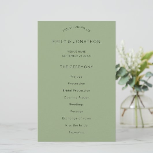 Budget Simple Text Sage Green Wedding Programm (Stehend Vorderseite)