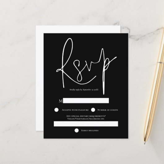Budget Simple White Text Black Wedding RSVP (Vorderseite/Rückseite Beispiel)