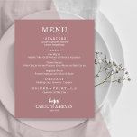 Budget Simple Wüste Rose Pink Wedding Menu Flyer<br><div class="desc">Ein ausgezeichneter Wert, ein abwechslungsreiches Rosa Dinner-Menü aus der Wüste, gedruckt auf dünnem, unbeschichtetem Papier mit 80 lb Länge, bietet die Speisekarte in schicken weißen Schriftzeichen. Ideal für einen modernen Hochzeitsempfang, ein Hochzeitsdinner, ein Jubiläum-Party oder eine besondere Veranstaltung mit einem Sit-down-Dinner. Maßen 4.5" x 5.6", aber Sie können aus 3...</div>