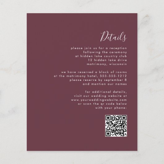 Budget Skript Burgundy QR Code Hochzeit Einladung (Rückseite)