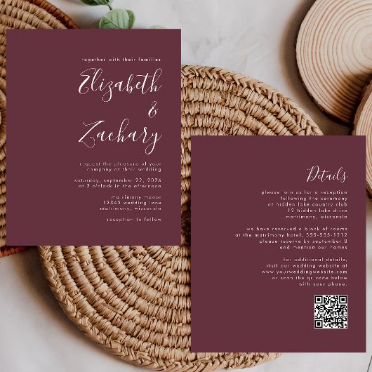 Budget Skript Burgundy QR Code Hochzeit Einladung