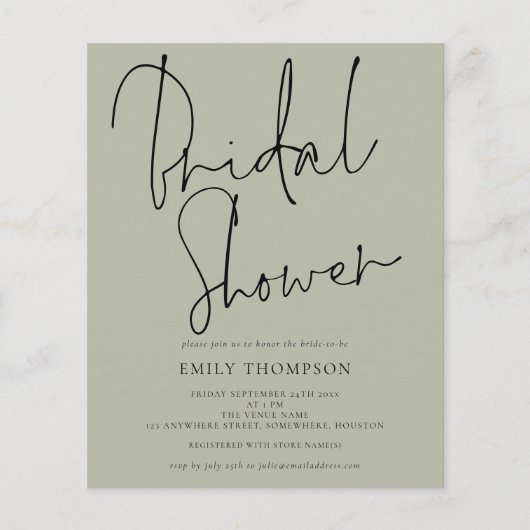 Budget Skript Light Sage Bridal Dusche Einladung (Vorderseite)