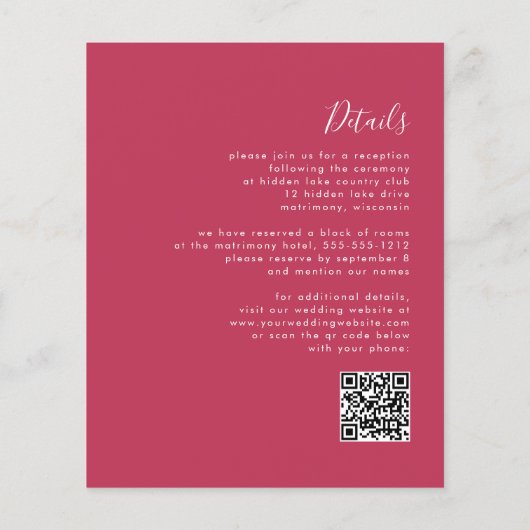 Budget Skript Magenta QR Code Wedding Einladung (Rückseite)