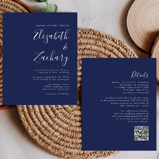 Budget Skript Navy Blue QR Code Hochzeit Einladung