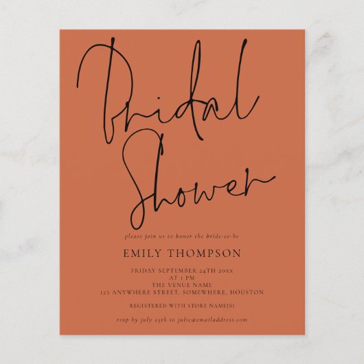 Budget Skript Terracotta Bridal Dusche Einladung (Vorderseite)