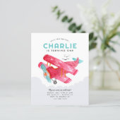 Budget Sky Cloud Watercolor Red Airplane Geburtsta (Stehend Vorderseite)