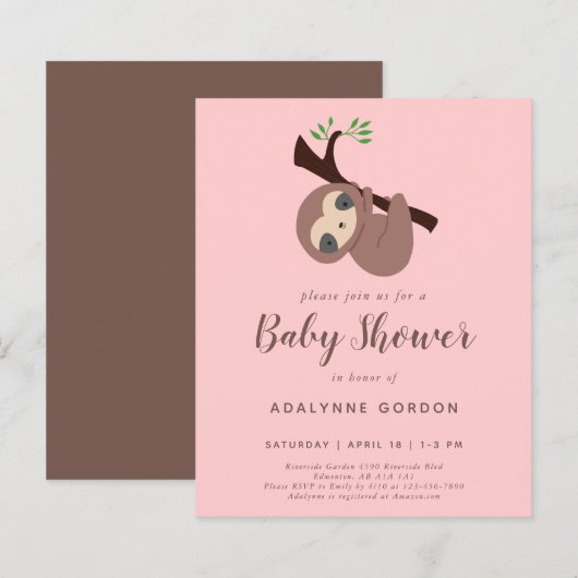 Budget Sloth Baby Shower Girl Pink Brown Niedlich (Vorne/Hinten)