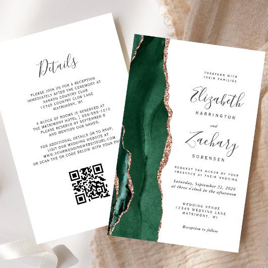 Budget Smaragd-Roségold-Achat-Hochzeit mit QR-Code