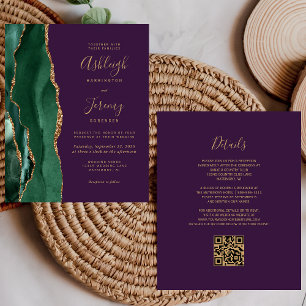 Budget Smaragdgrün Lila QR-Code Hochzeitseinladung