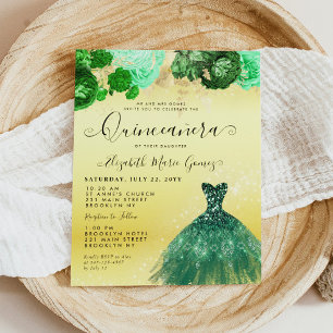 Budget Smaragdgrünes Goldkleid Floral Quinceanera