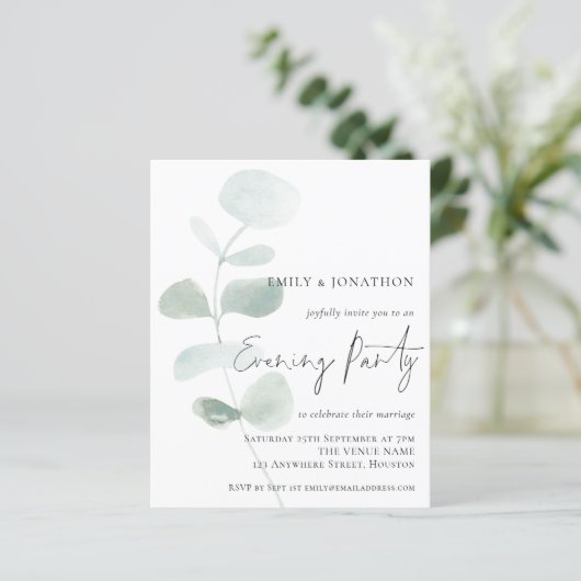 Budget Soft Eucalyptus Wedding Abend Einladung (Stehend Vorderseite)