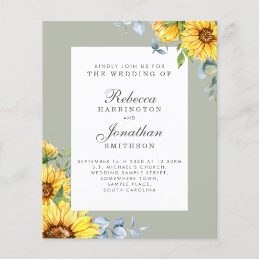 Budget Sonnenblume Eukalyptus Wedding Einladung (Vorderseite)