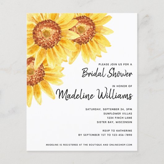 Budget Sonnenblumen Blumendusche Einladung (Vorderseite)