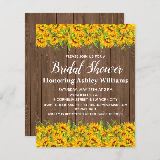 Budget Sonnenblumen Bridal Dusche Einladungen Holz (Vorne/Hinten)