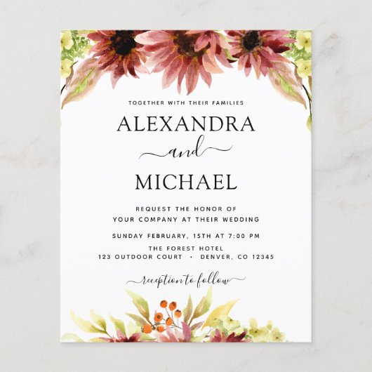 Budget Sonnenblumen Burgund Country Wedding Flyer (Vorne)