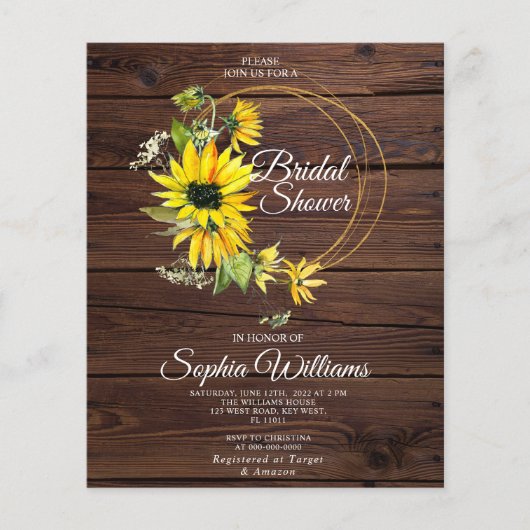 Budget Sonnenblumen Rahmen Brautdusche Einladung (Vorderseite)