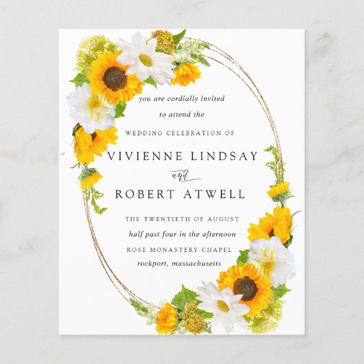 Budget Sonnenblumen Rustikale Hochzeit Einladung (Vorderseite)