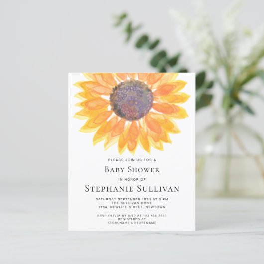 Budget Sonnenblumendusche Einladungskarte (Stehend Vorderseite)