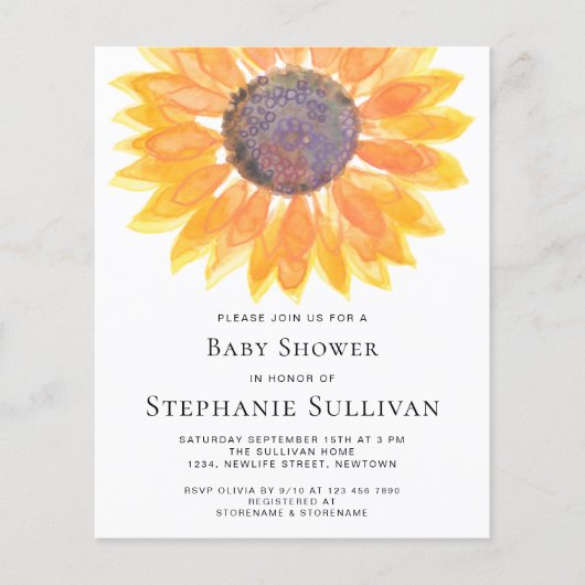 Budget Sonnenblumendusche Einladungskarte (Vorderseite)