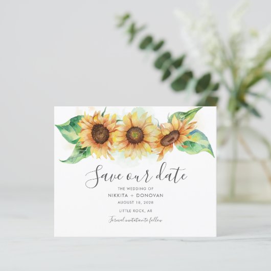 Budget Sonnenblumenwasser Hochzeit speichern Datum (Stehend Vorderseite)