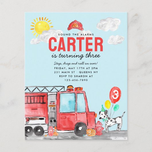 Budget Sound the Alarm Fire Truck Feuermann Geburt Flyer (Vorne)