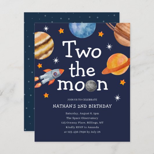 Budget Space Boy's Blue Second Birthday Einladung (Vorne/Hinten)
