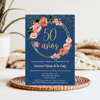 Budget Spanisch Elegant Blue Floral 50. Geburtstag Einladung