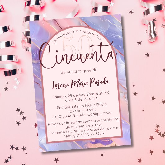 Budget Spanisch Lila Pink Agate 50. Geburtstag Einladung