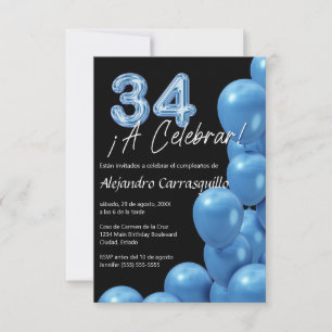 Budget Spanische Blaue Ballons Schwarz 34. Geburts Einladung