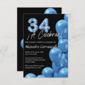 Budget Spanish Blue Balloons Black 34. Geburtstag Einladung (Vorne/Hinten)