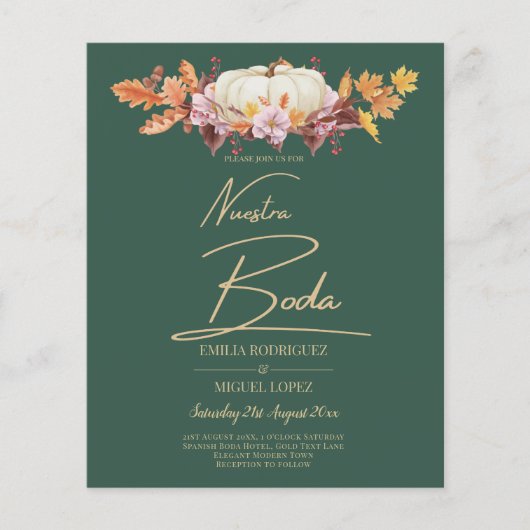 BUDGET Spanish BODA Pumpkin Green Gold Wedding Flyer (Vorne)