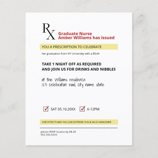 Budget Spaß Neuheit Rezept Nurse Grad Einladung (Vorderseite)