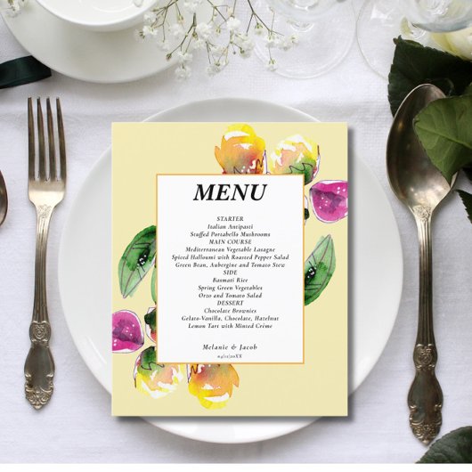 Budget Spring Floral Yellow Wedding Menu