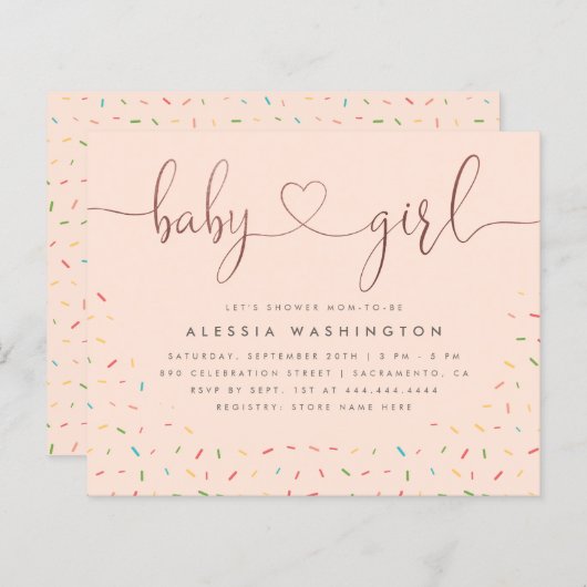 Budget Sprinkle Rose Gold Script Girl Baby Dusche (Vorne/Hinten)