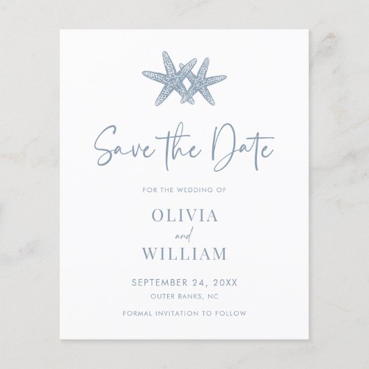 Budget Starfish Beach Dusty Blue Save the Date (Vorderseite)