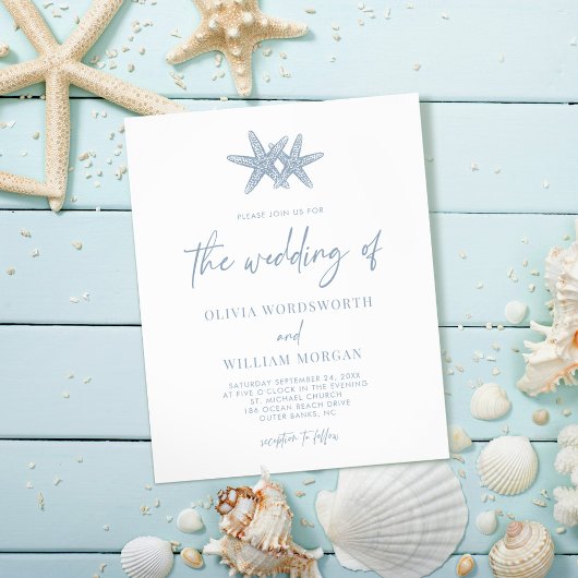 Budget Starfish Dusty Blue Script Wedding Einladun Flyer