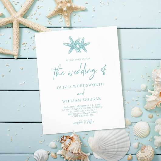 Budget Starfish Sea Glass Blue Wedding Einladung Flyer