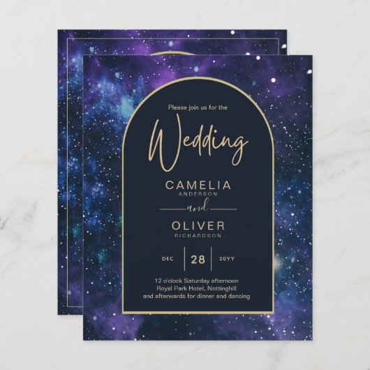 BUDGET Starry Night Lila Blue Wedding INVITE (Vorne/Hinten)
