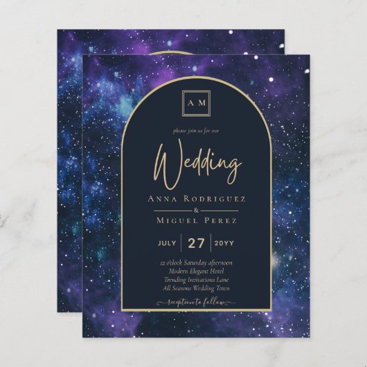 BUDGET Starry Night Lila Blue Wedding INVITE (Vorne/Hinten)