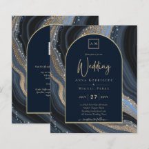 BUDGET Starry Night Navy Gold Agate Wedding INVITE
