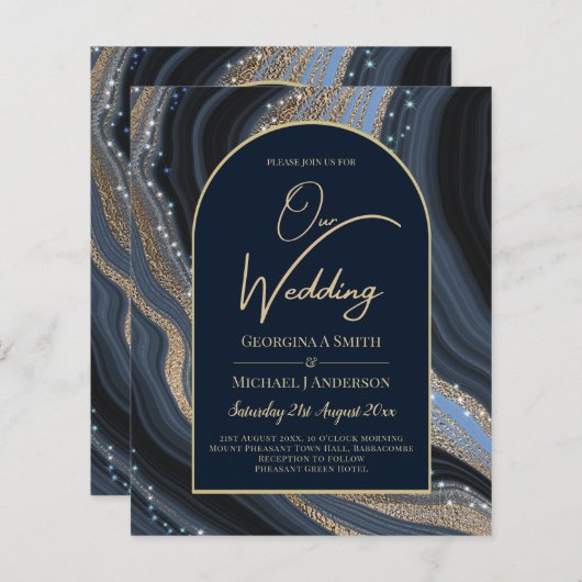 BUDGET Starry Night Navy Gold Agate Wedding INVITE (Vorne/Hinten)