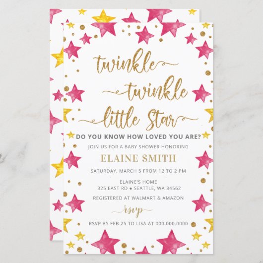 Budget Stars Pink Girl Babydusche Einladung (Vorne/Hinten)