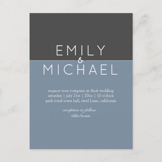 Budget Steel Blue Modern Wedding Einladung Postkarte (Vorderseite)