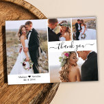 Budget Stilvolle 4 Foto Collage Wedding Danke P Postkarte<br><div class="desc">Budget Elegant Stilvolles Handschrift Script 4 Foto Collage Wedding Vielen Dank Postcard. Minimalistische Hochzeit Dankeschön Kartenvorlage mit vier Foto auf der Vorderseite und ein Foto auf der Rückseite. Mit dem Text "Danke" in einer Wirblen Hand geschrieben Typografie Skript-Schriftart mit Swash oder in schwarz auf weißem Hintergrund. Kleines Liebe Herz zwischen...</div>