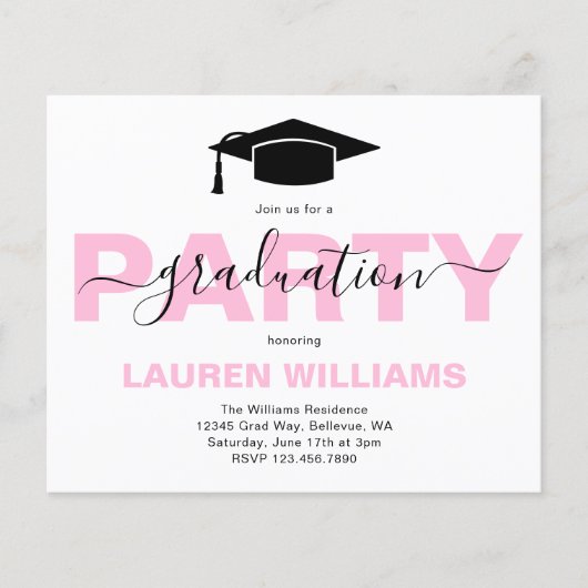Budget Stilvolle Pink Graduation Party Einladung (Vorderseite)