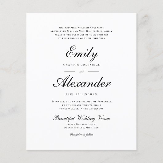 Budget Stilvolle Script Black Wedding Einladung (Vorderseite)