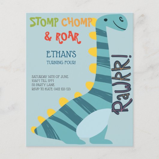 Budget Stomp Chomp Roar Dinosaurier Vier Einladung (Vorderseite)